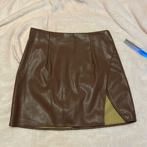 Faux Leather Brown Skirt with Slit